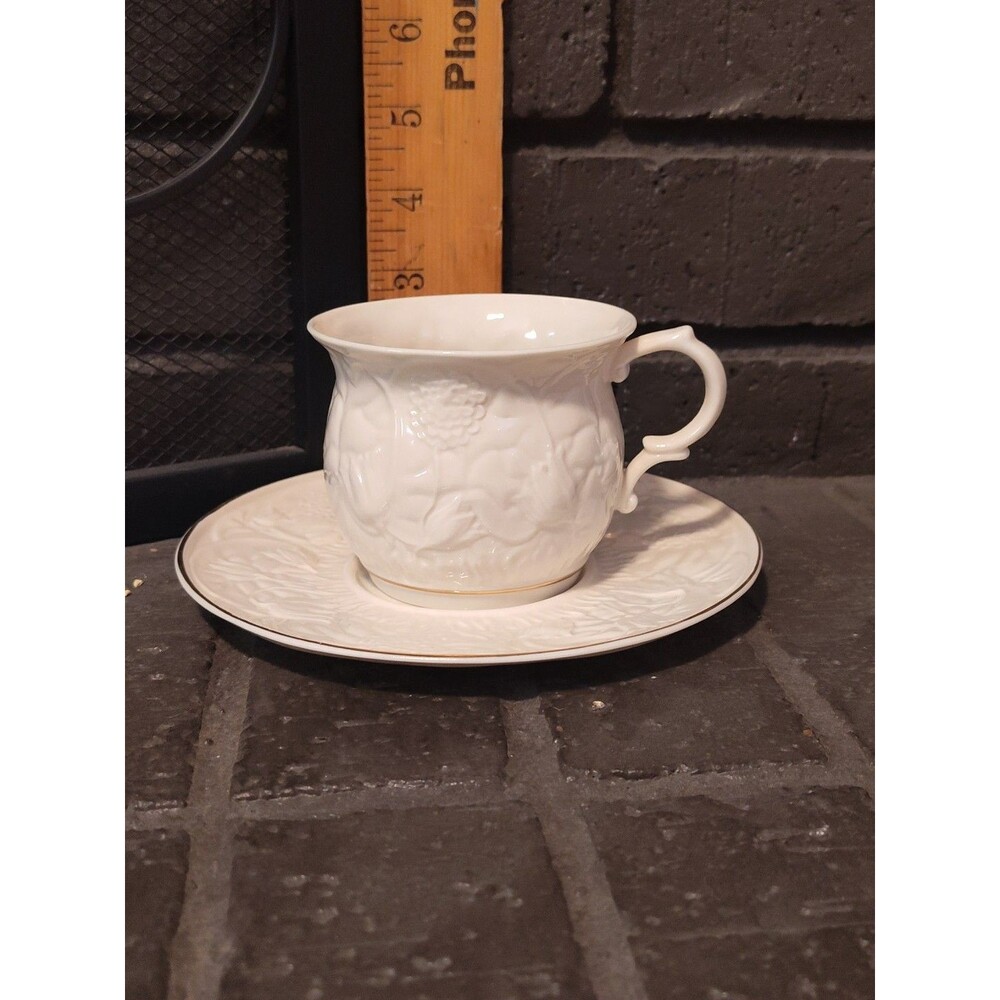 Belleek  Ireland Serenity Tea Cup And Saucer Set Blue Mark 1993-1997 Gold Band
